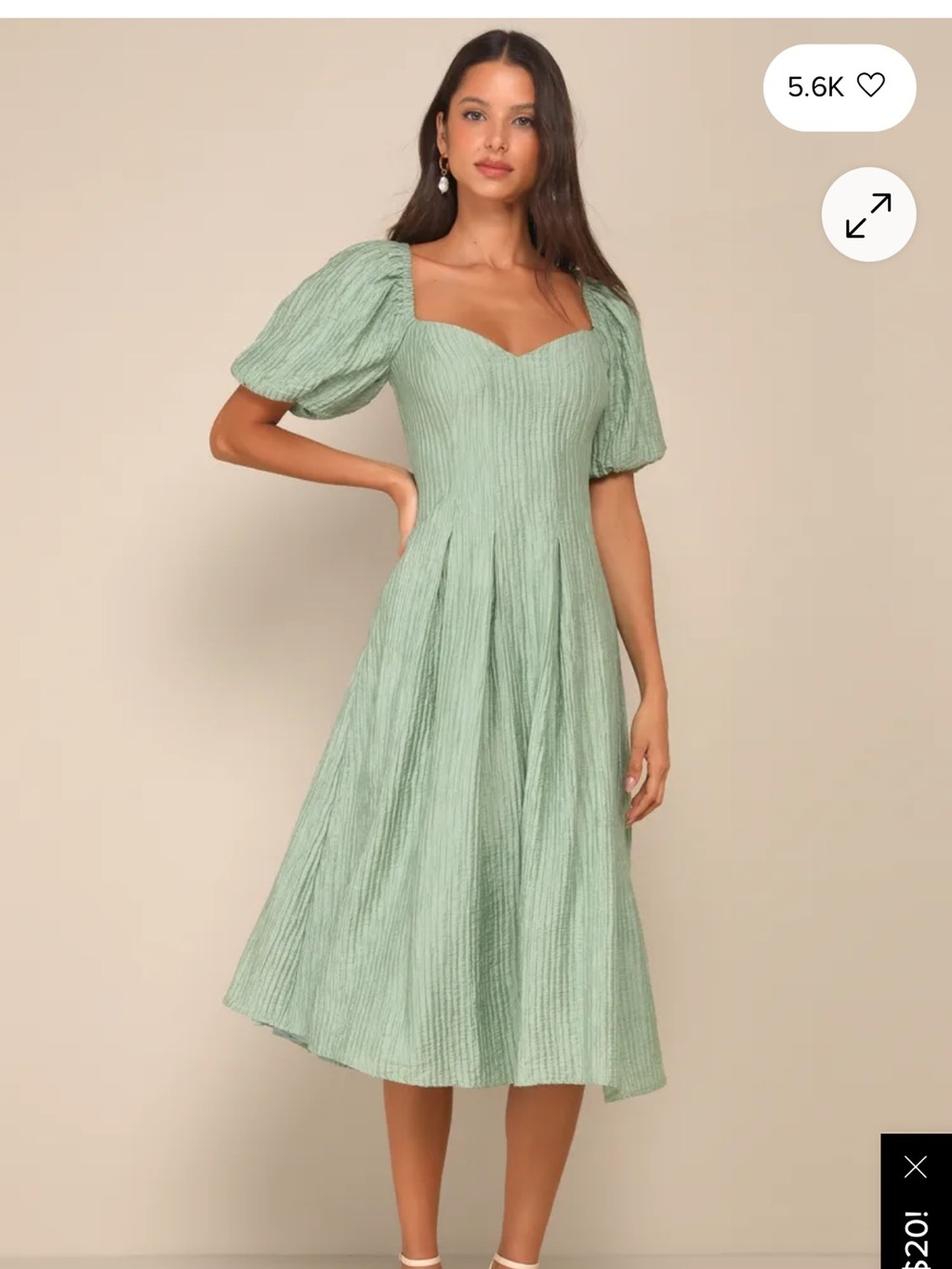 Lulu’s Heavenly Energy Sage Textured Puff Sleeve Pleated Midi Dress